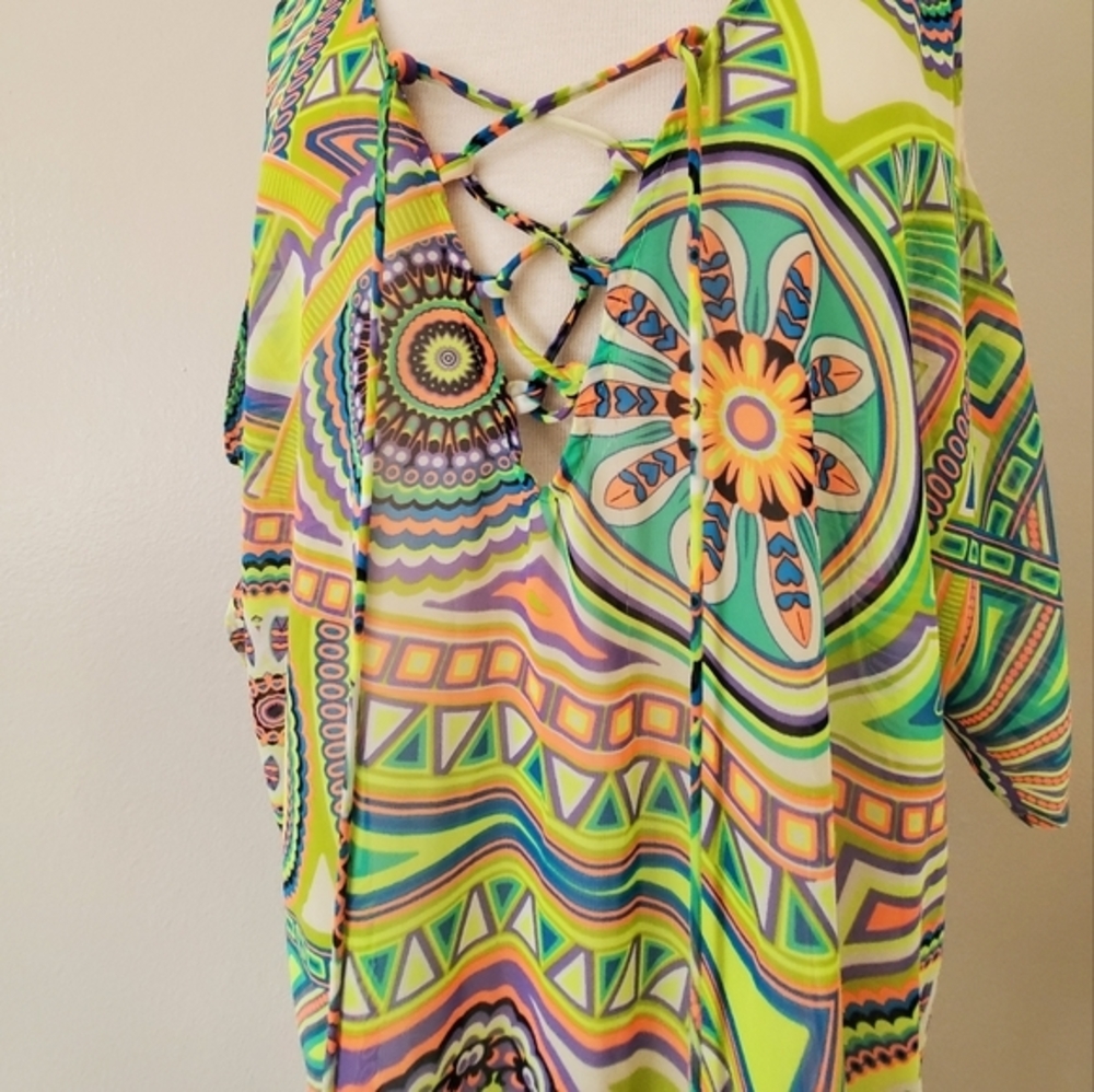 LUSH sheer tribal swim cover up long printed tunic beach festival resort OS - Picture 6 of 8